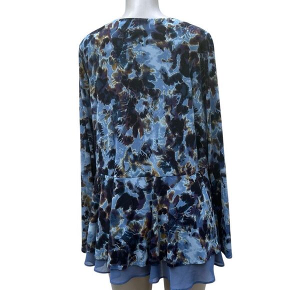 LOGO by Lori Goldstein Peplum Cardigan Womens 1X Blue Brown Floral Chiffon Trim - Picture 6 of 15